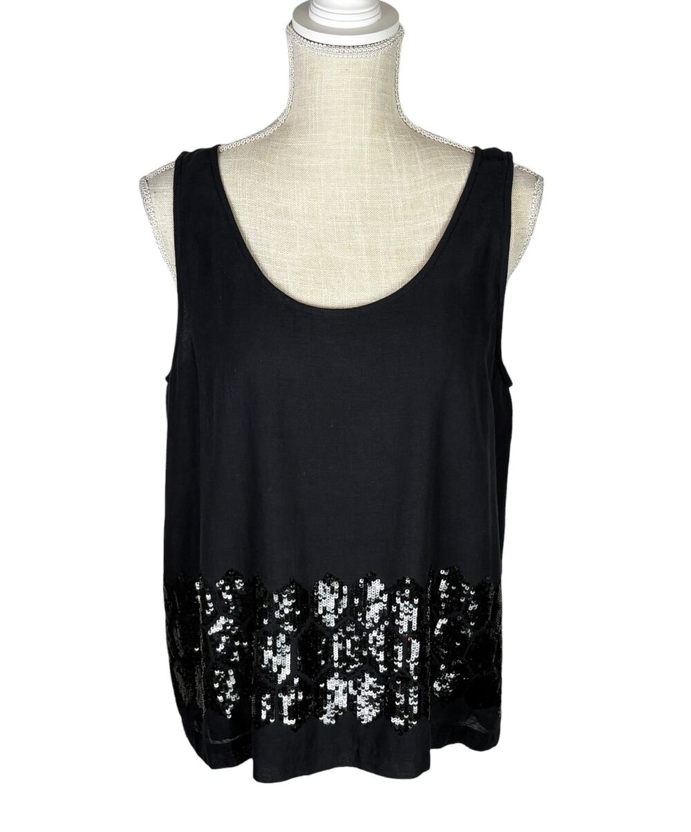 Peachoo + Krejberg Cotton Sequined Tank Top Asymmetrical Women's L Black Chic